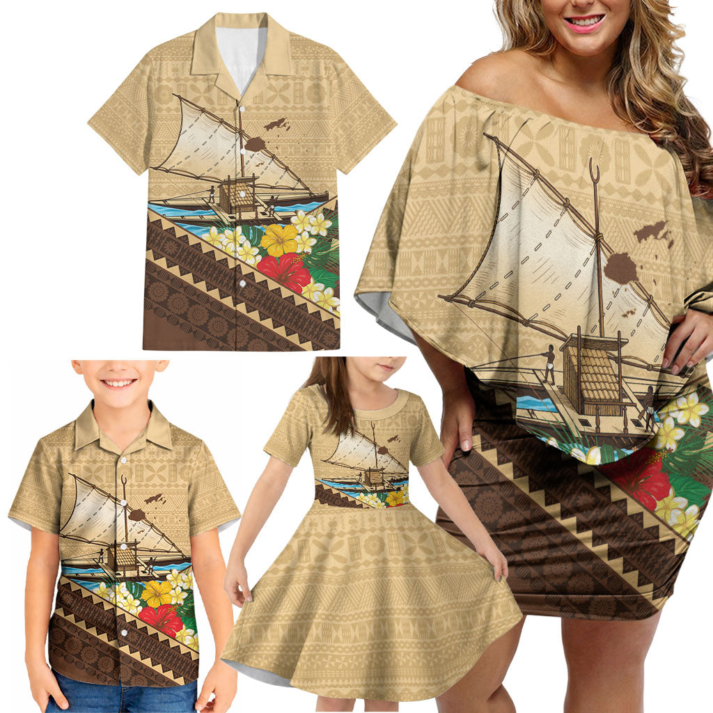 Personalised Bula Vinaka Fiji Drua Family Matching Off Shoulder Short Dress and Hawaiian Shirt Fijian Traditional Canoe Tapa Cloth Beige LT14 - Polynesian Pride