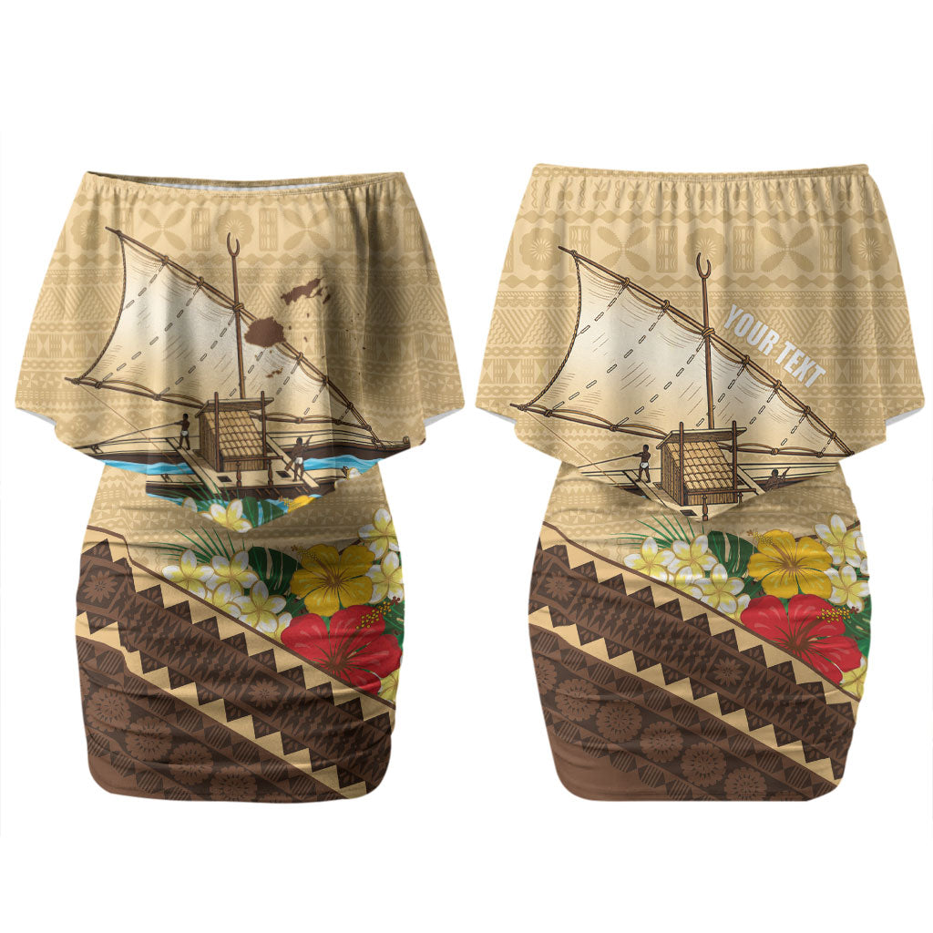 Personalised Bula Vinaka Fiji Drua Family Matching Off Shoulder Short Dress and Hawaiian Shirt Fijian Traditional Canoe Tapa Cloth Beige LT14 Mom's Dress Beige - Polynesian Pride