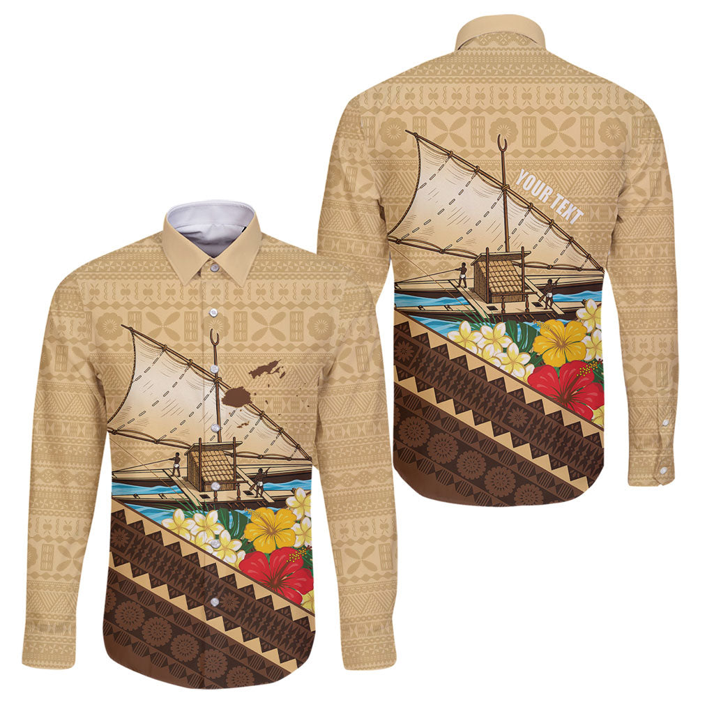 Personalised Bula Vinaka Fiji Drua Family Matching Off Shoulder Short Dress and Hawaiian Shirt Fijian Traditional Canoe Tapa Cloth Beige LT14 Dad's Shirt - Long Sleeve Beige - Polynesian Pride