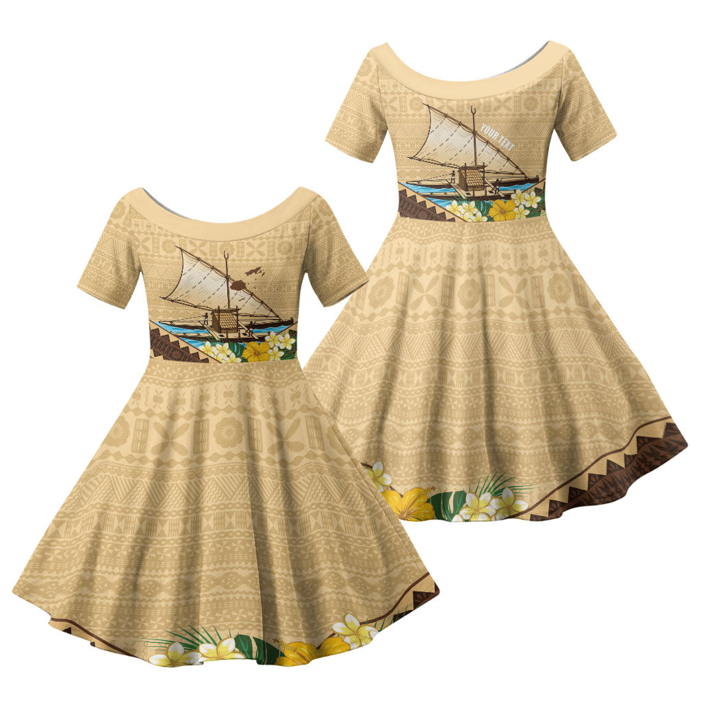 Personalised Bula Vinaka Fiji Drua Family Matching Off Shoulder Short Dress and Hawaiian Shirt Fijian Traditional Canoe Tapa Cloth Beige LT14 Daughter's Dress Beige - Polynesian Pride