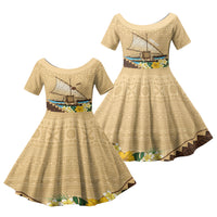 Personalised Bula Vinaka Fiji Drua Family Matching Off Shoulder Short Dress and Hawaiian Shirt Fijian Traditional Canoe Tapa Cloth Beige LT14 Daughter's Dress Beige - Polynesian Pride