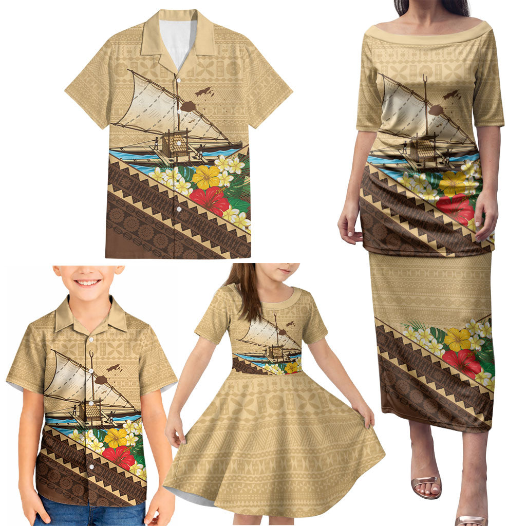 Personalised Bula Vinaka Fiji Drua Family Matching Puletasi and Hawaiian Shirt Fijian Traditional Canoe Tapa Cloth Beige