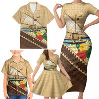 Personalised Bula Vinaka Fiji Drua Family Matching Short Sleeve Bodycon Dress and Hawaiian Shirt Fijian Traditional Canoe Tapa Cloth Beige LT14 - Polynesian Pride