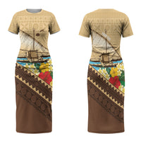 Personalised Bula Vinaka Fiji Drua Family Matching Short Sleeve Bodycon Dress and Hawaiian Shirt Fijian Traditional Canoe Tapa Cloth Beige LT14 Mom's Dress Beige - Polynesian Pride