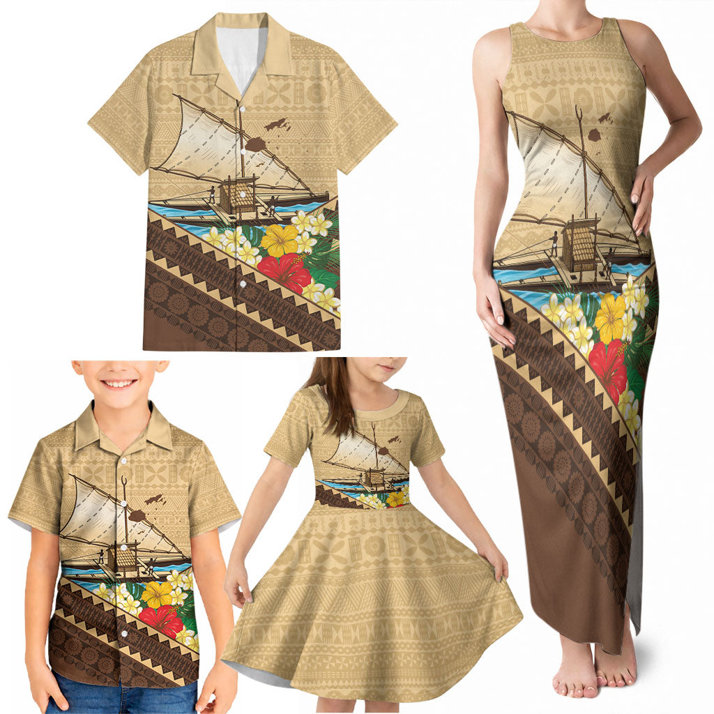 Personalised Bula Vinaka Fiji Drua Family Matching Tank Maxi Dress and Hawaiian Shirt Fijian Traditional Canoe Tapa Cloth Beige LT14 - Polynesian Pride
