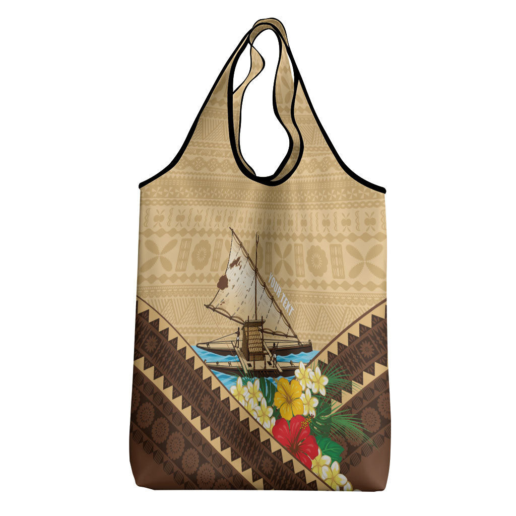 Personalised Bula Vinaka Fiji Drua Grocery Bag Fijian Traditional Canoe Tapa Cloth Beige LT14 - Polynesian Pride