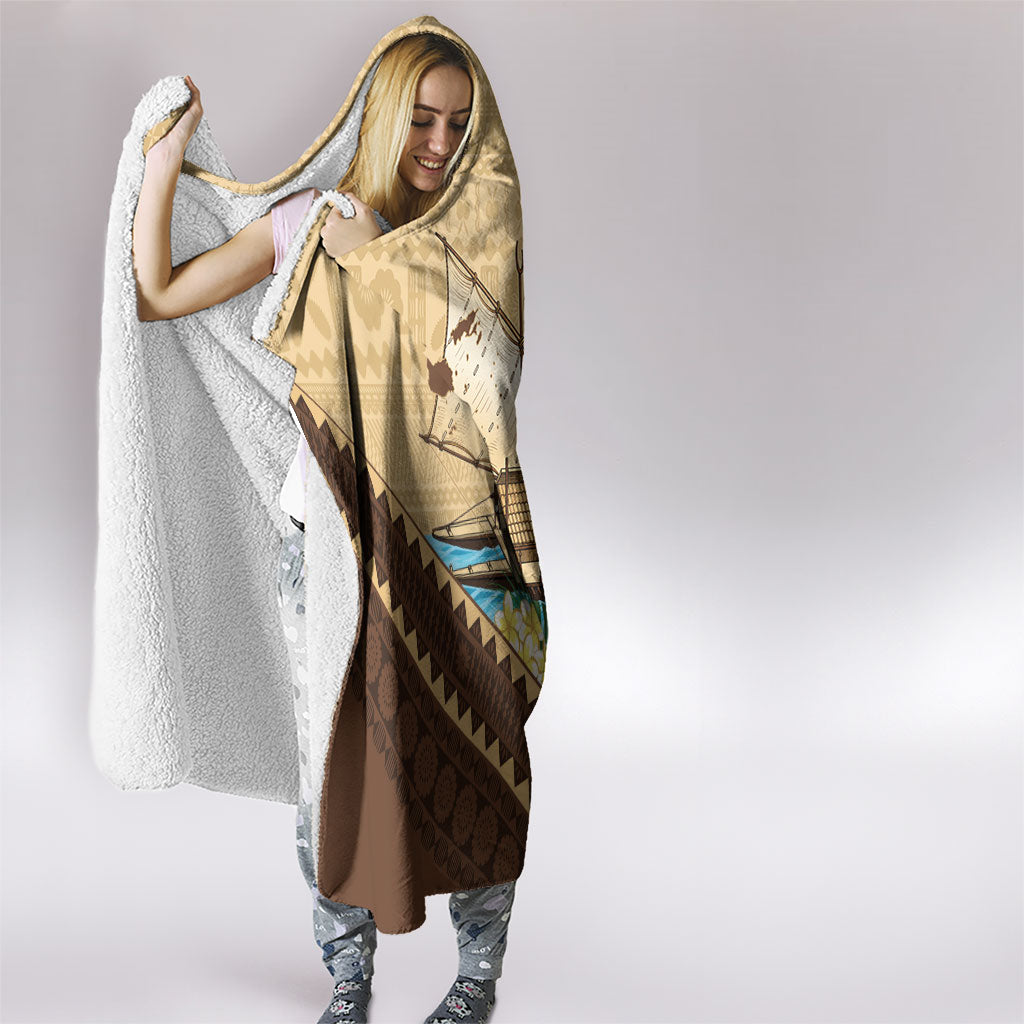 Personalised Bula Vinaka Fiji Drua Hooded Blanket Fijian Traditional Canoe Tapa Cloth Beige LT14 - Polynesian Pride
