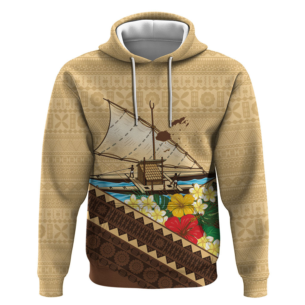 Personalised Bula Vinaka Fiji Drua Hoodie Fijian Traditional Canoe Tapa Cloth Beige