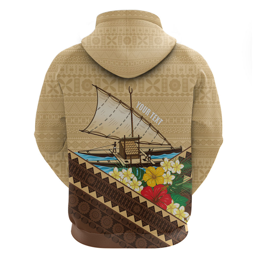 Personalised Bula Vinaka Fiji Drua Hoodie Fijian Traditional Canoe Tapa Cloth Beige LT14 - Polynesian Pride
