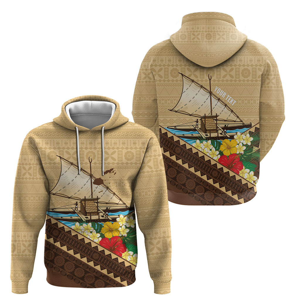 Personalised Bula Vinaka Fiji Drua Hoodie Fijian Traditional Canoe Tapa Cloth Beige LT14 - Polynesian Pride