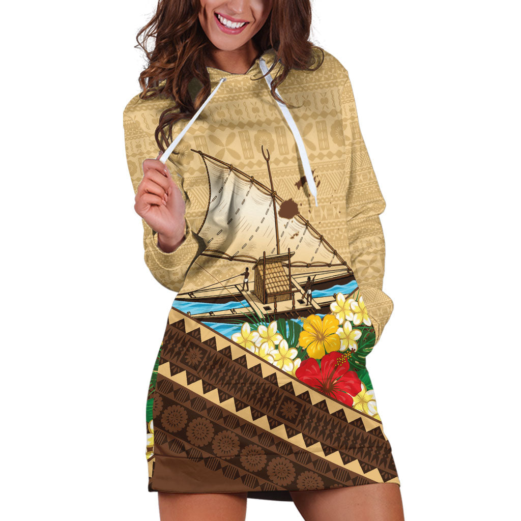 Personalised Bula Vinaka Fiji Drua Hoodie Dress Fijian Traditional Canoe Tapa Cloth Beige LT14 Beige - Polynesian Pride