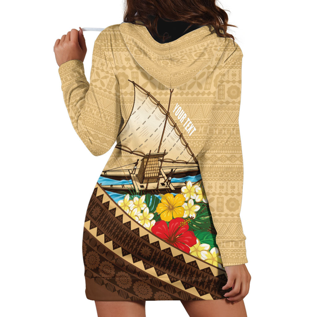 Personalised Bula Vinaka Fiji Drua Hoodie Dress Fijian Traditional Canoe Tapa Cloth Beige LT14 - Polynesian Pride