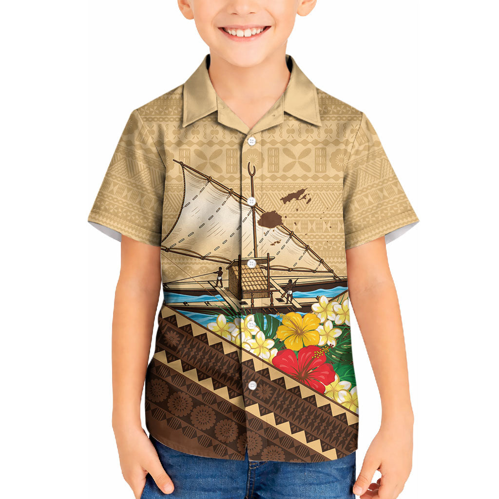 Personalised Bula Vinaka Fiji Drua Kid Hawaiian Shirt Fijian Traditional Canoe Tapa Cloth Beige LT14 Kid Beige - Polynesian Pride