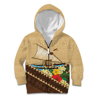 Personalised Bula Vinaka Fiji Drua Kid Hoodie Fijian Traditional Canoe Tapa Cloth Beige LT14 Zip Hoodie Beige - Polynesian Pride