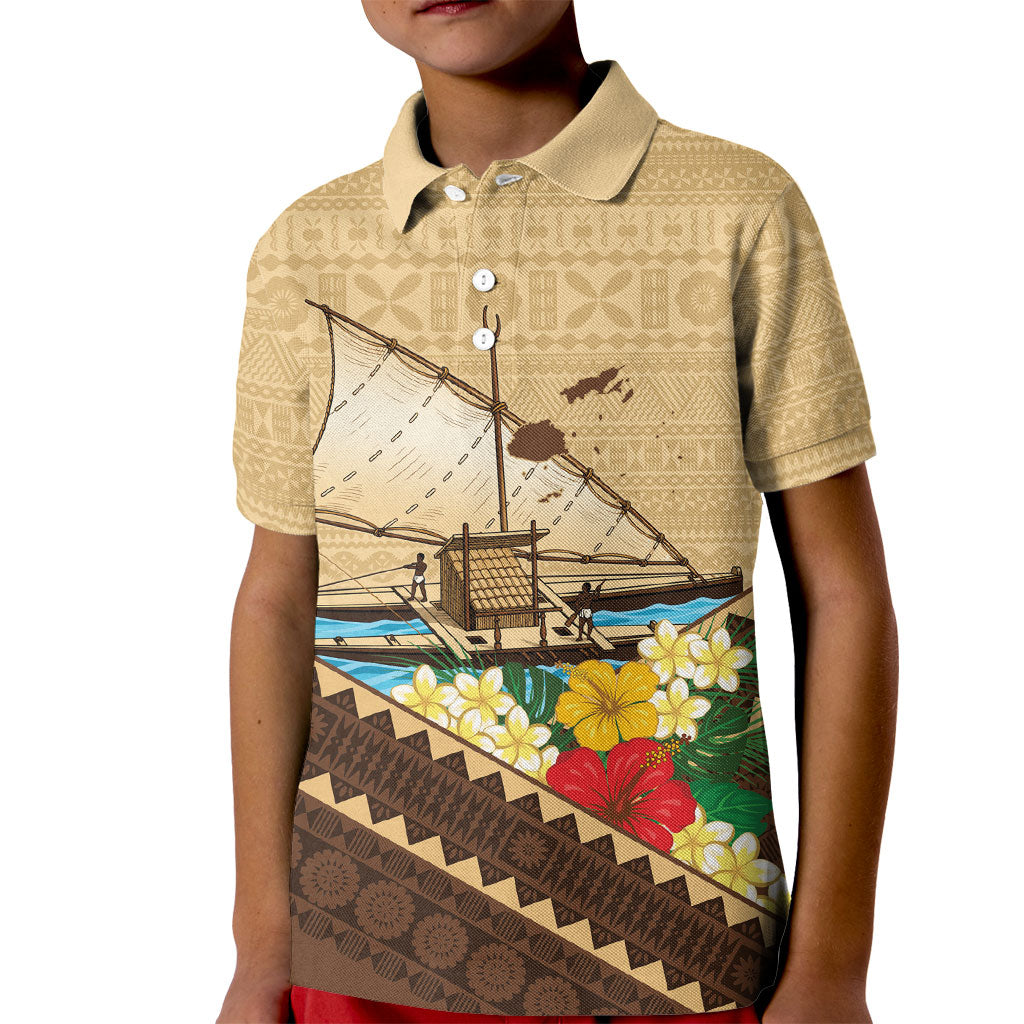 Personalised Bula Vinaka Fiji Drua Kid Polo Shirt Fijian Traditional Canoe Tapa Cloth Beige LT14 Kid Beige - Polynesian Pride