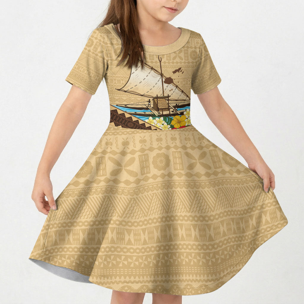 Personalised Bula Vinaka Fiji Drua Kid Short Sleeve Dress Fijian Traditional Canoe Tapa Cloth Beige