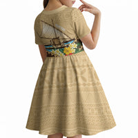 Personalised Bula Vinaka Fiji Drua Kid Short Sleeve Dress Fijian Traditional Canoe Tapa Cloth Beige LT14 - Polynesian Pride
