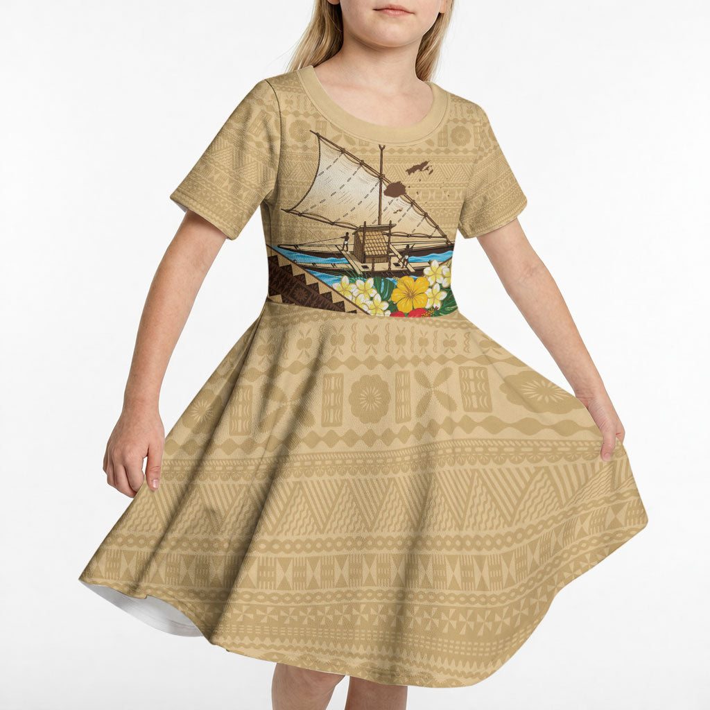 Personalised Bula Vinaka Fiji Drua Kid Short Sleeve Dress Fijian Traditional Canoe Tapa Cloth Beige LT14 - Polynesian Pride