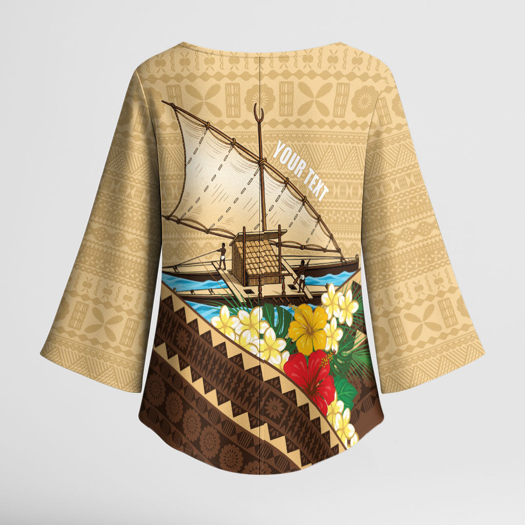 Personalised Bula Vinaka Fiji Drua Kimono Sleeve Blouse Fijian Traditional Canoe Tapa Cloth Beige LT14 - Polynesian Pride