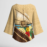 Personalised Bula Vinaka Fiji Drua Kimono Sleeve Blouse Fijian Traditional Canoe Tapa Cloth Beige LT14 - Polynesian Pride