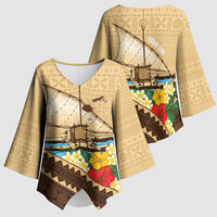 Personalised Bula Vinaka Fiji Drua Kimono Sleeve Blouse Fijian Traditional Canoe Tapa Cloth Beige LT14 - Polynesian Pride