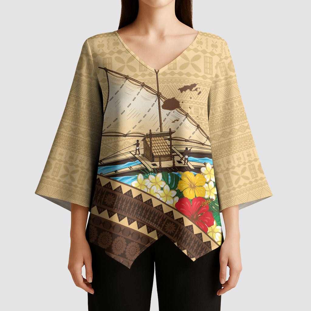 Personalised Bula Vinaka Fiji Drua Kimono Sleeve Blouse Fijian Traditional Canoe Tapa Cloth Beige LT14 - Polynesian Pride