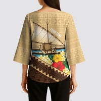 Personalised Bula Vinaka Fiji Drua Kimono Sleeve Blouse Fijian Traditional Canoe Tapa Cloth Beige LT14 - Polynesian Pride