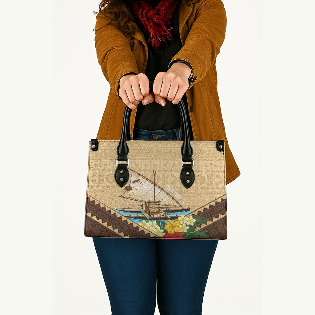 Personalised Bula Vinaka Fiji Drua Leather Bag Fijian Traditional Canoe Tapa Cloth Beige LT14 - Polynesian Pride