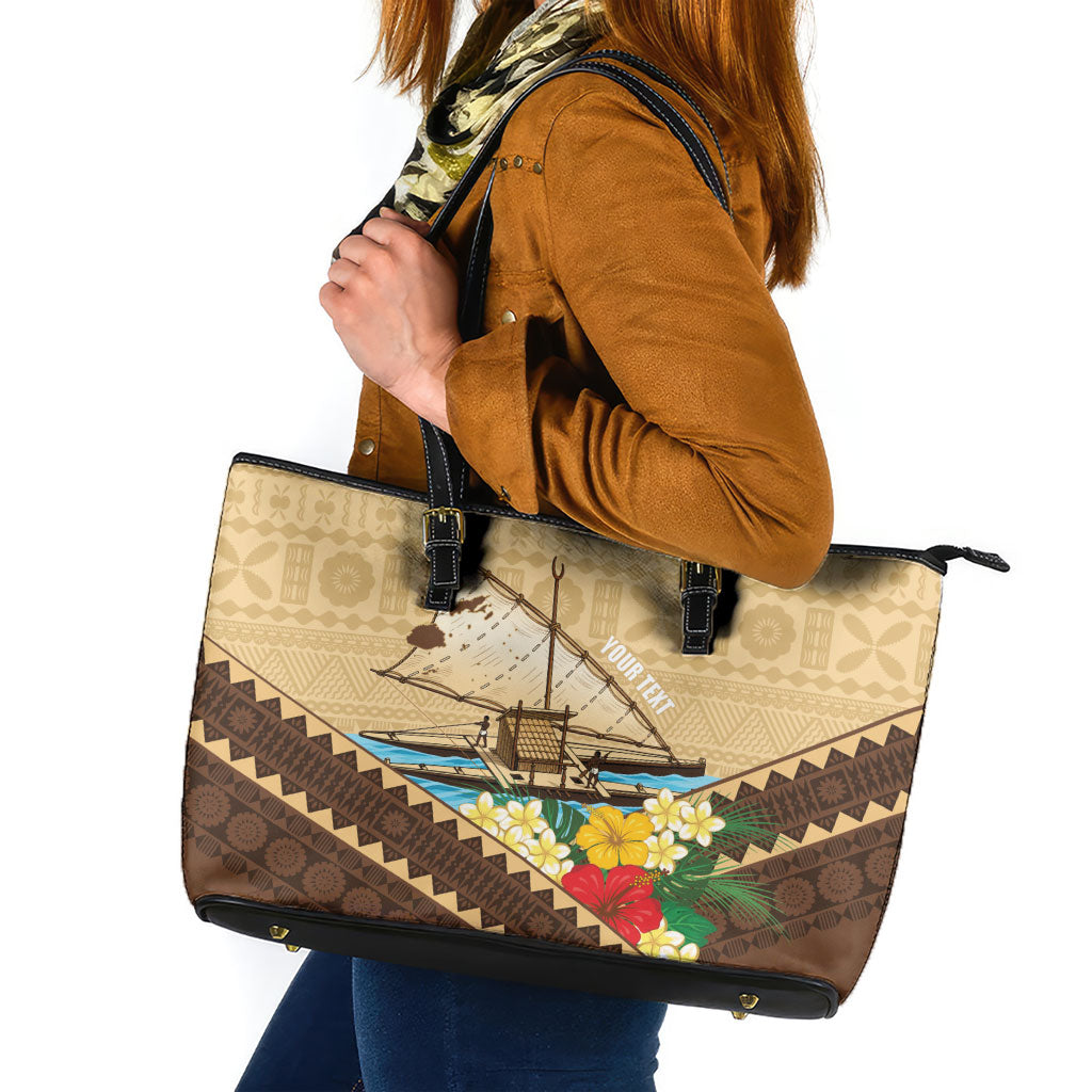 Personalised Bula Vinaka Fiji Drua Leather Tote Bag Fijian Traditional Canoe Tapa Cloth Beige LT14 Beige - Polynesian Pride