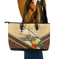Personalised Bula Vinaka Fiji Drua Leather Tote Bag Fijian Traditional Canoe Tapa Cloth Beige LT14 - Polynesian Pride