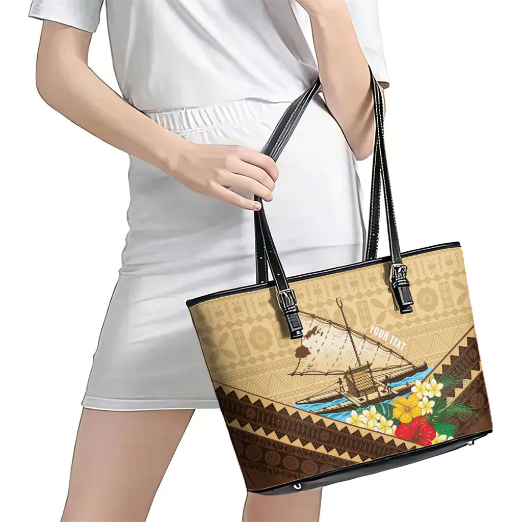 Personalised Bula Vinaka Fiji Drua Leather Tote Bag Fijian Traditional Canoe Tapa Cloth Beige LT14 - Polynesian Pride