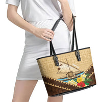 Personalised Bula Vinaka Fiji Drua Leather Tote Bag Fijian Traditional Canoe Tapa Cloth Beige LT14 - Polynesian Pride