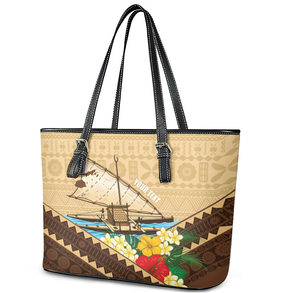 Personalised Bula Vinaka Fiji Drua Leather Tote Bag Fijian Traditional Canoe Tapa Cloth Beige LT14 - Polynesian Pride