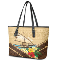 Personalised Bula Vinaka Fiji Drua Leather Tote Bag Fijian Traditional Canoe Tapa Cloth Beige LT14 - Polynesian Pride