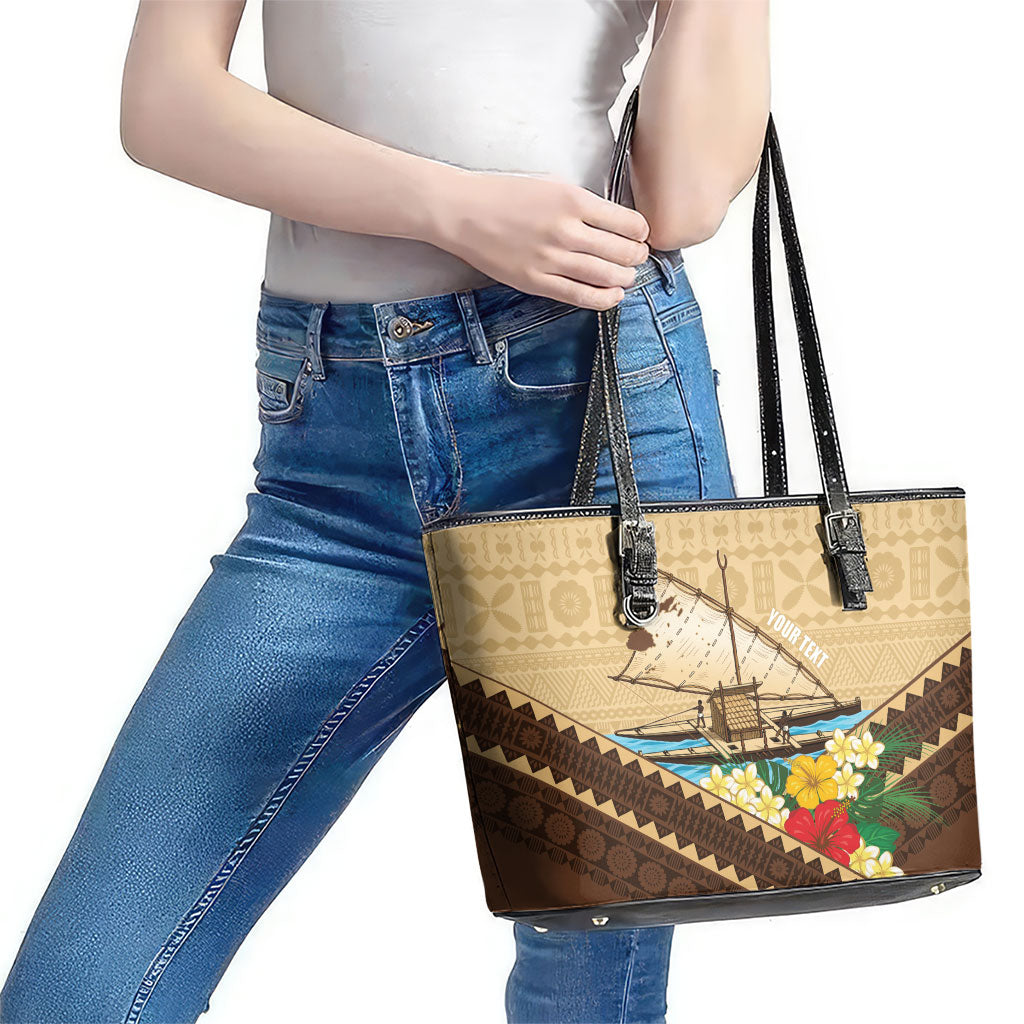 Personalised Bula Vinaka Fiji Drua Leather Tote Bag Fijian Traditional Canoe Tapa Cloth Beige LT14 - Polynesian Pride