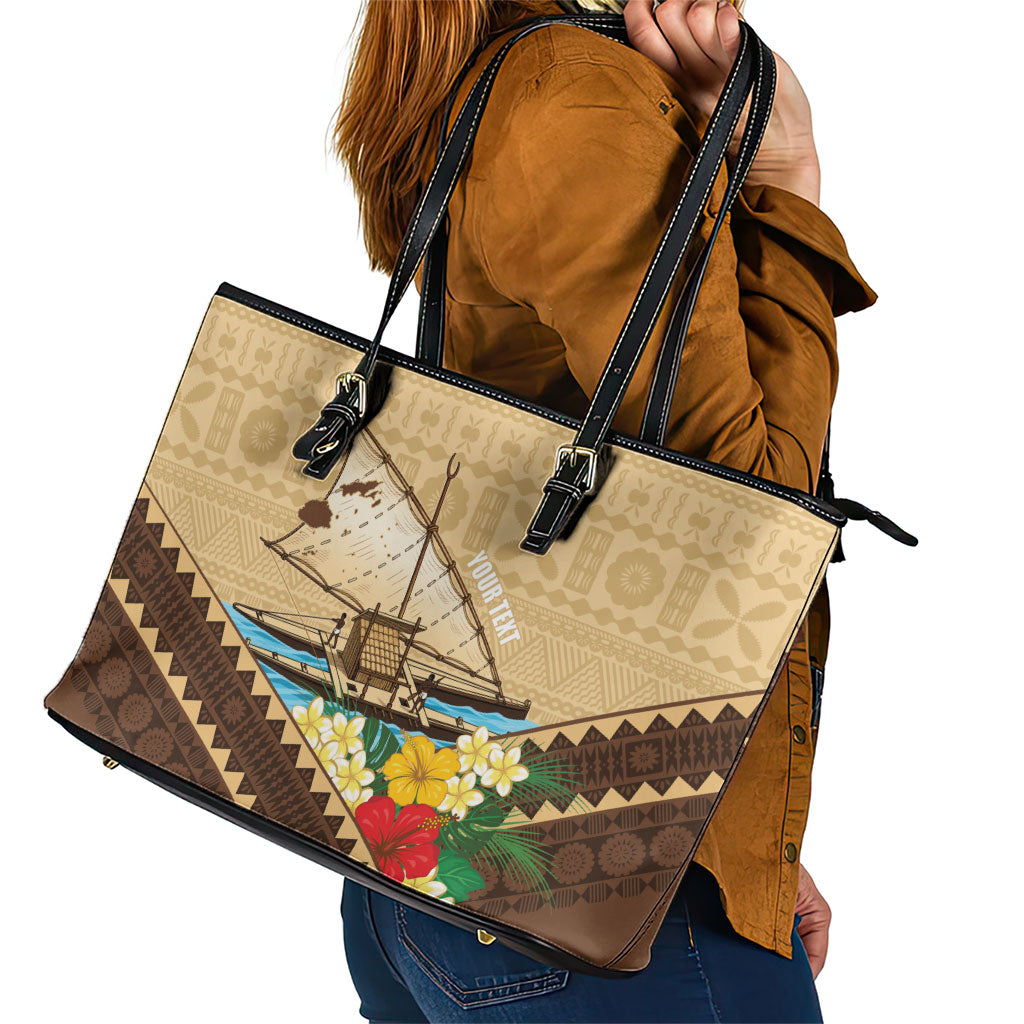 Personalised Bula Vinaka Fiji Drua Leather Tote Bag Fijian Traditional Canoe Tapa Cloth Beige LT14 - Polynesian Pride