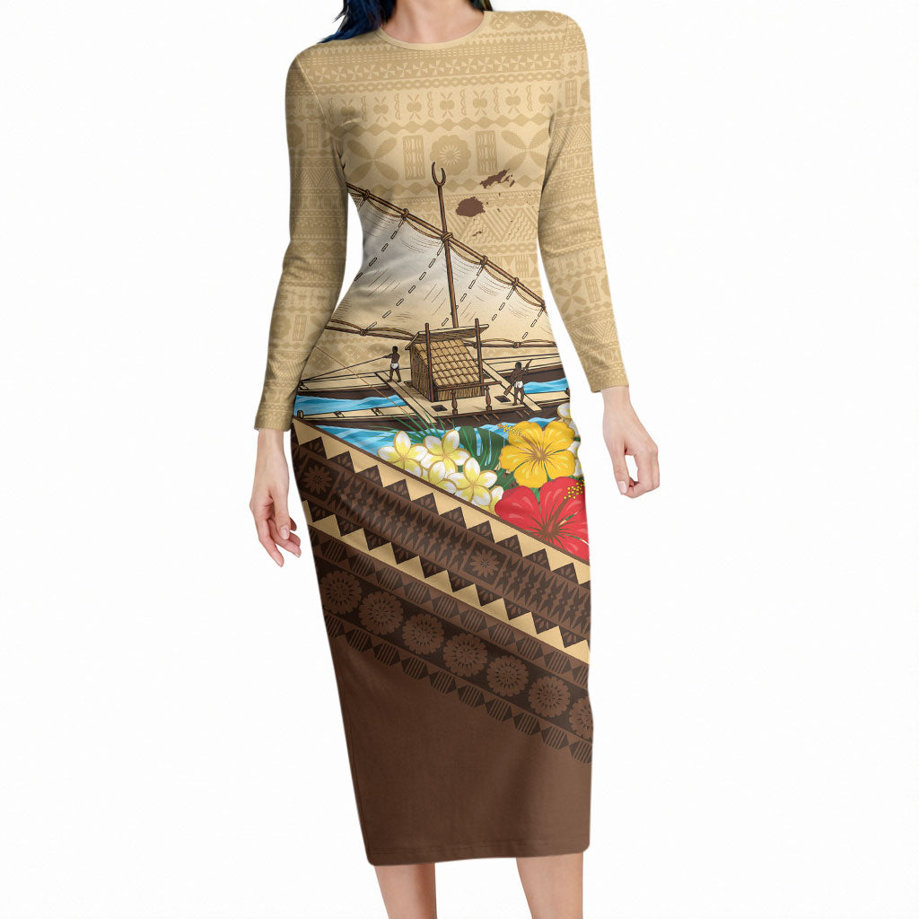 Personalised Bula Vinaka Fiji Drua Long Sleeve Bodycon Dress Fijian Traditional Canoe Tapa Cloth Beige LT14 Long Dress Beige - Polynesian Pride