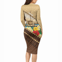 Personalised Bula Vinaka Fiji Drua Long Sleeve Bodycon Dress Fijian Traditional Canoe Tapa Cloth Beige LT14 - Polynesian Pride