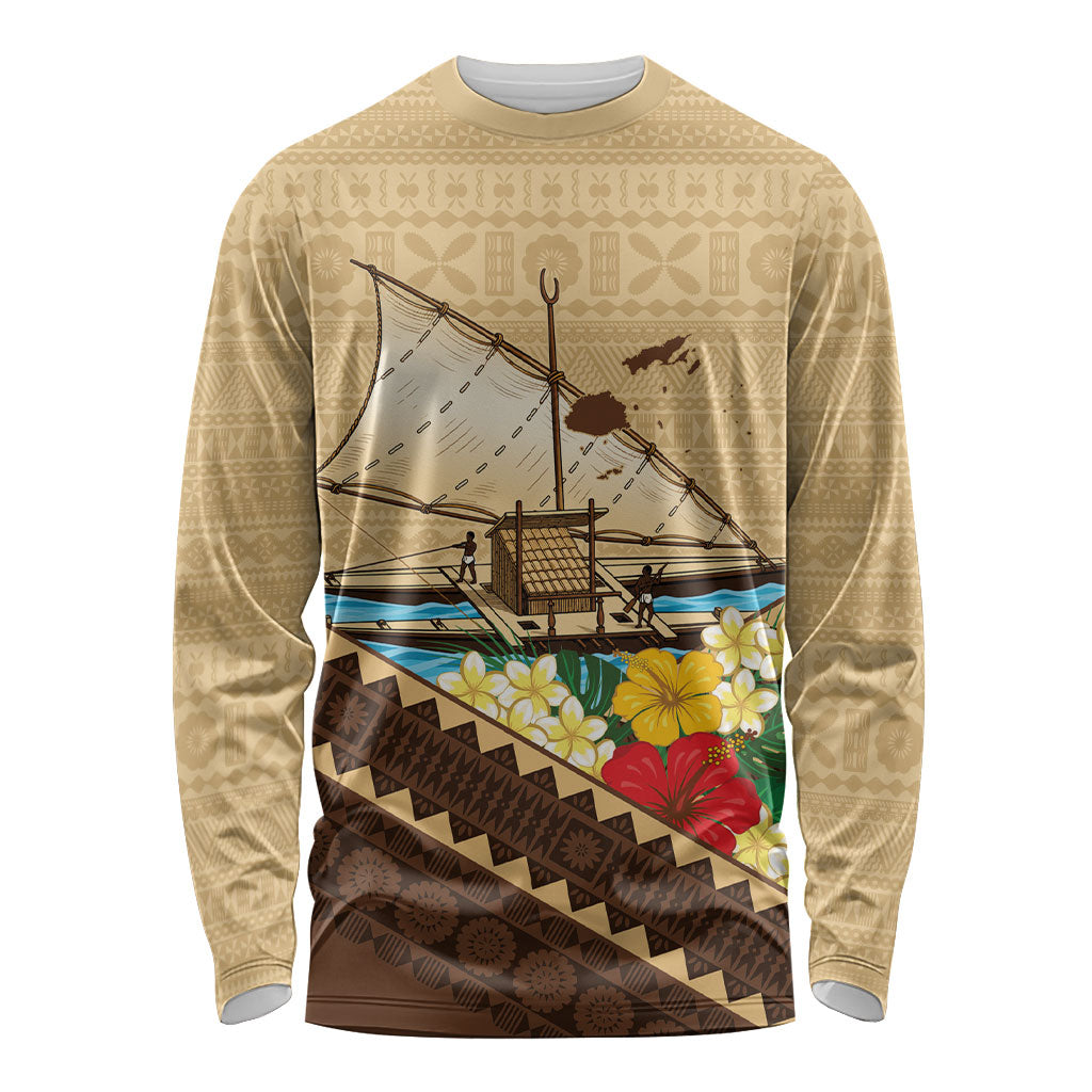 Personalised Bula Vinaka Fiji Drua Long Sleeve Shirt Fijian Traditional Canoe Tapa Cloth Beige