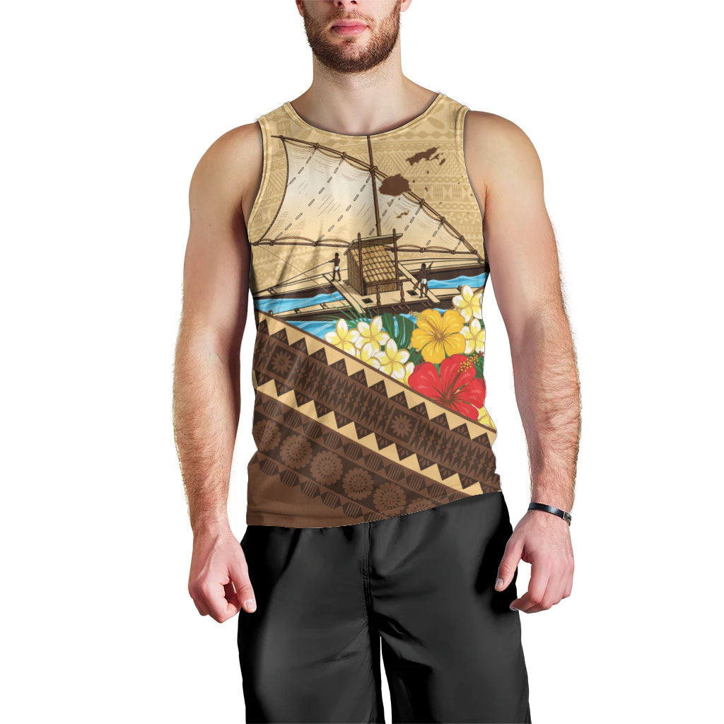 Personalised Bula Vinaka Fiji Drua Men Tank Top Fijian Traditional Canoe Tapa Cloth Beige LT14 - Polynesian Pride
