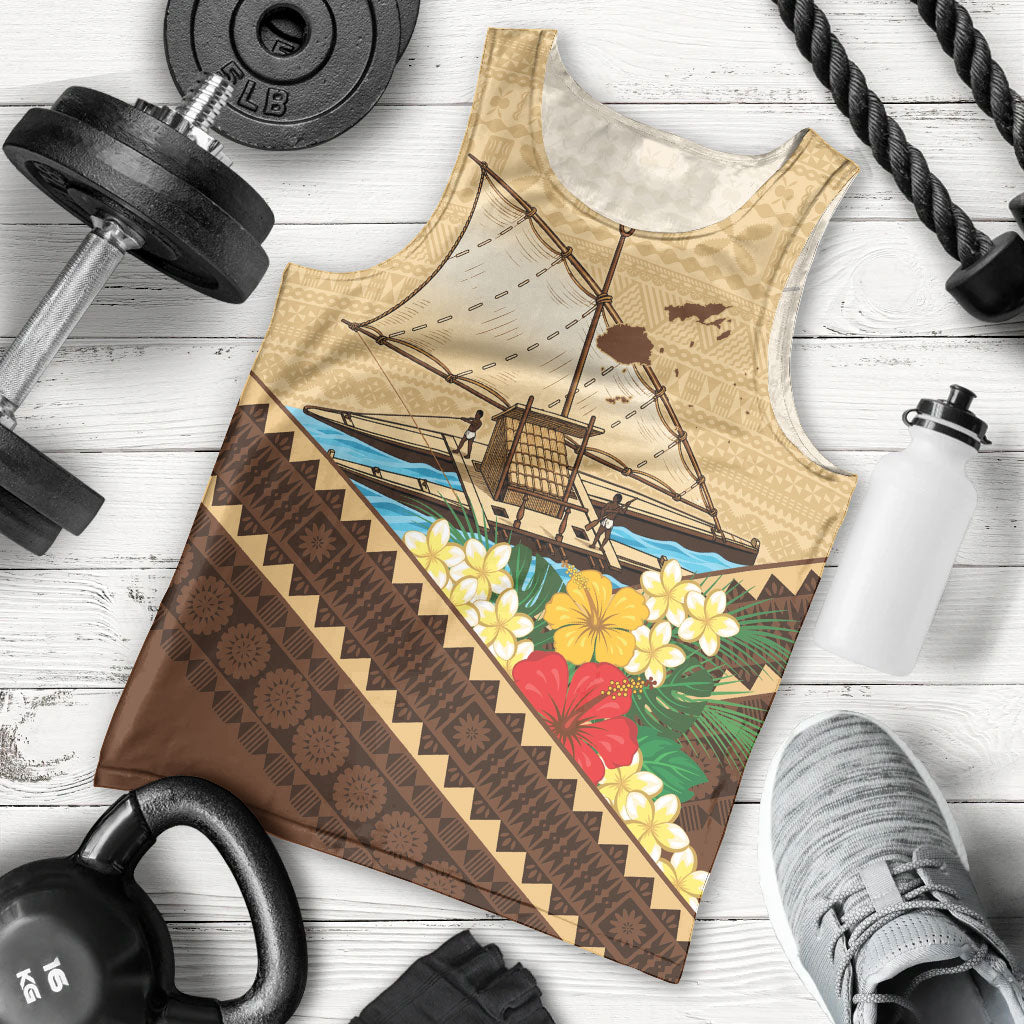 Personalised Bula Vinaka Fiji Drua Men Tank Top Fijian Traditional Canoe Tapa Cloth Beige LT14 - Polynesian Pride