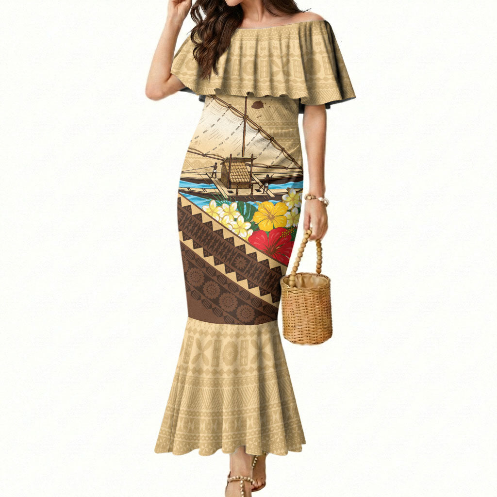 Personalised Bula Vinaka Fiji Drua Mermaid Dress Fijian Traditional Canoe Tapa Cloth Beige