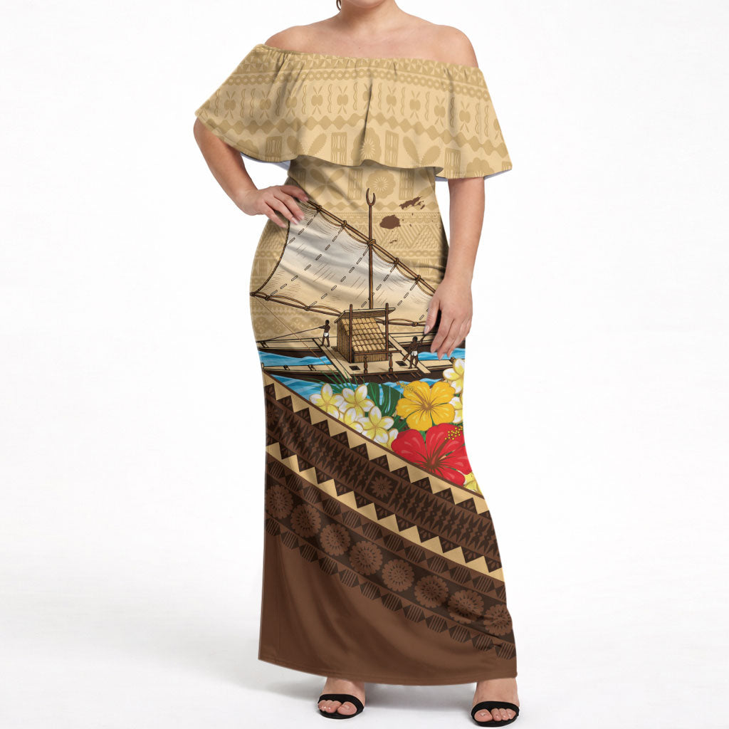 Personalised Bula Vinaka Fiji Drua Off Shoulder Maxi Dress Fijian Traditional Canoe Tapa Cloth Beige