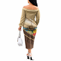 Personalised Bula Vinaka Fiji Drua Off The Shoulder Long Sleeve Dress Fijian Traditional Canoe Tapa Cloth Beige LT14 - Polynesian Pride