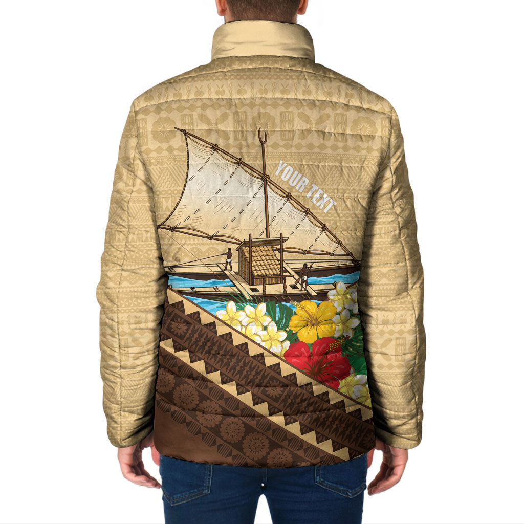 Personalised Bula Vinaka Fiji Drua Padded Jacket Fijian Traditional Canoe Tapa Cloth Beige LT14 - Polynesian Pride