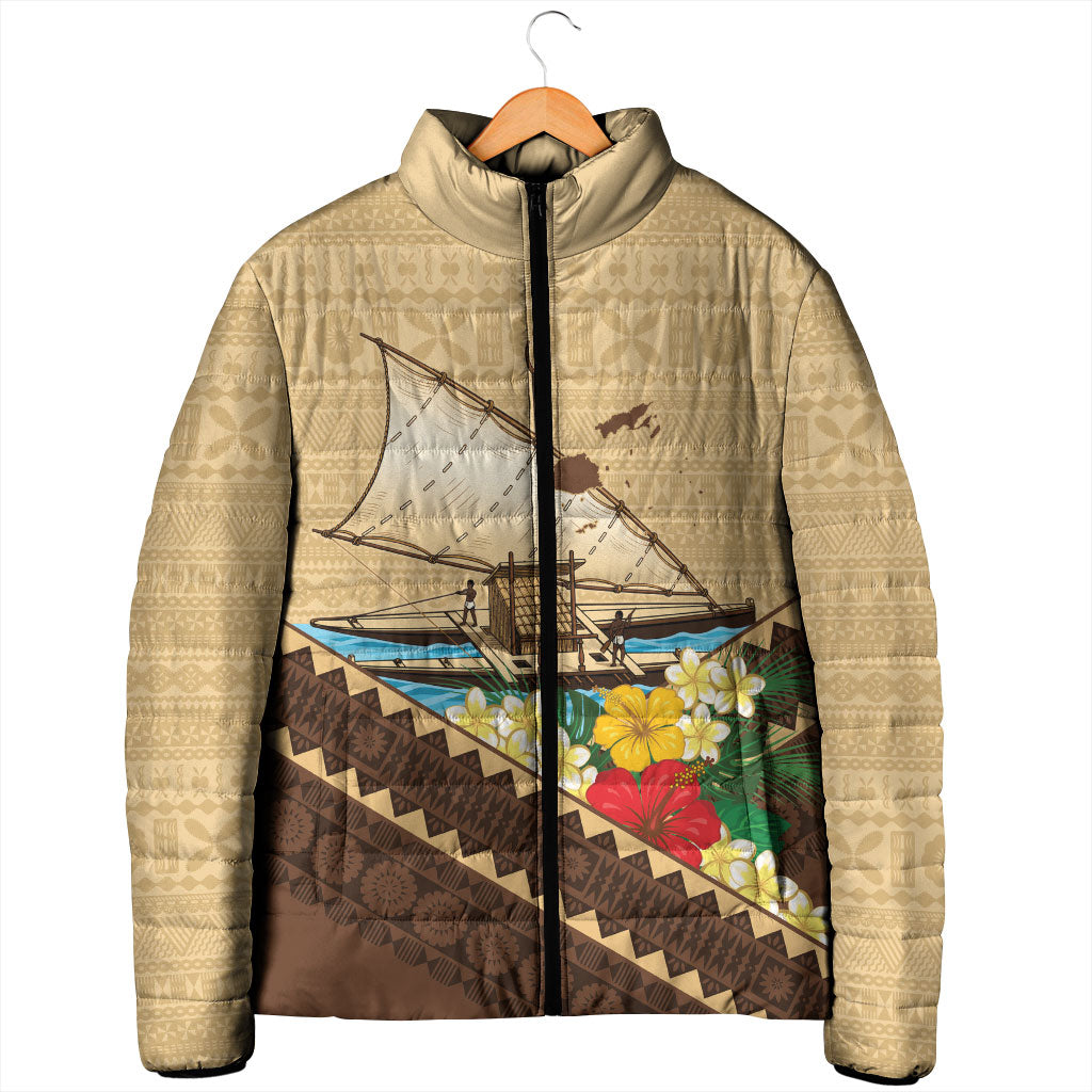 Personalised Bula Vinaka Fiji Drua Padded Jacket Fijian Traditional Canoe Tapa Cloth Beige LT14 - Polynesian Pride