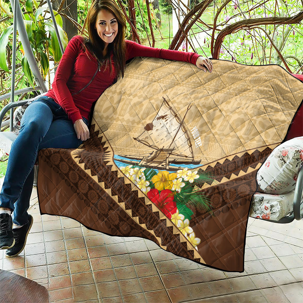 Personalised Bula Vinaka Fiji Drua Quilt Fijian Traditional Canoe Tapa Cloth Beige LT14 - Polynesian Pride