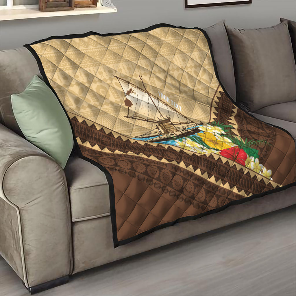 Personalised Bula Vinaka Fiji Drua Quilt Fijian Traditional Canoe Tapa Cloth Beige LT14 - Polynesian Pride