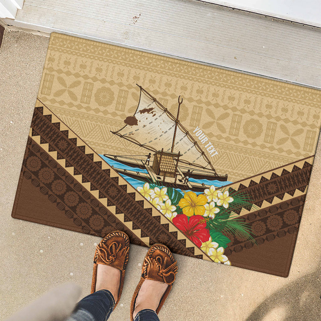 Personalised Bula Vinaka Fiji Drua Rubber Doormat Fijian Traditional Canoe Tapa Cloth Beige LT14 - Polynesian Pride