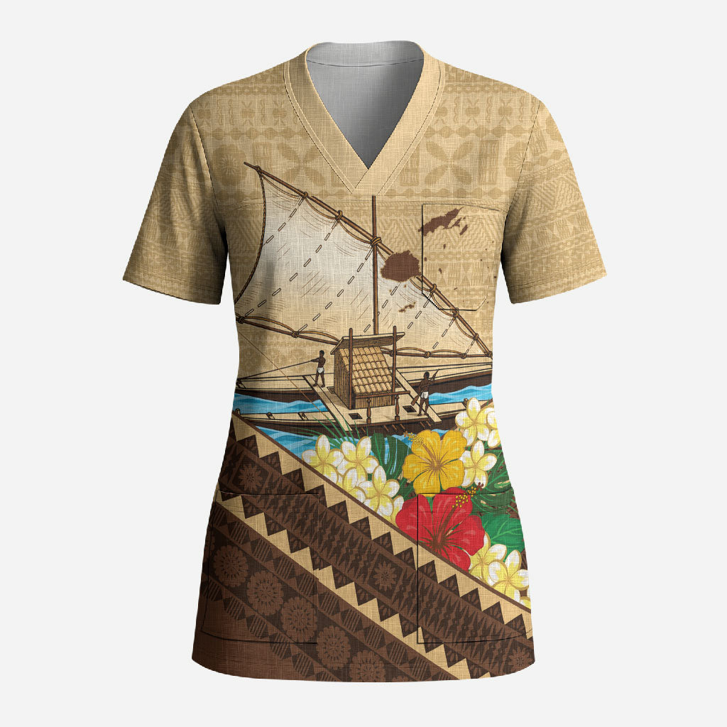 Personalised Bula Vinaka Fiji Drua Scrub Top Fijian Traditional Canoe Tapa Cloth Beige LT14 Adult Beige - Polynesian Pride